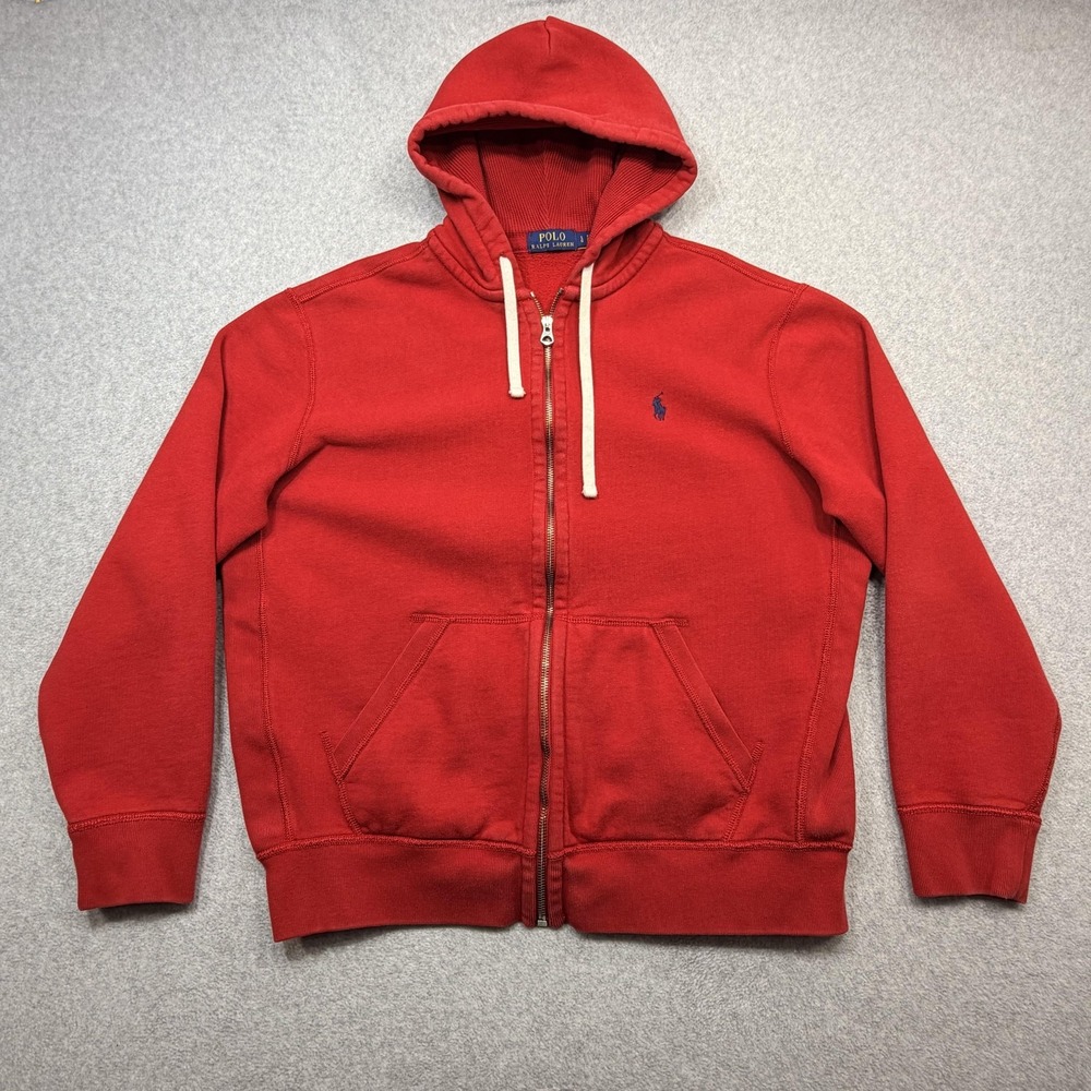 Polo Ralph Lauren Hoodie Mens Large Red Full Zip Fleece Thermal Hood Pocket Logo